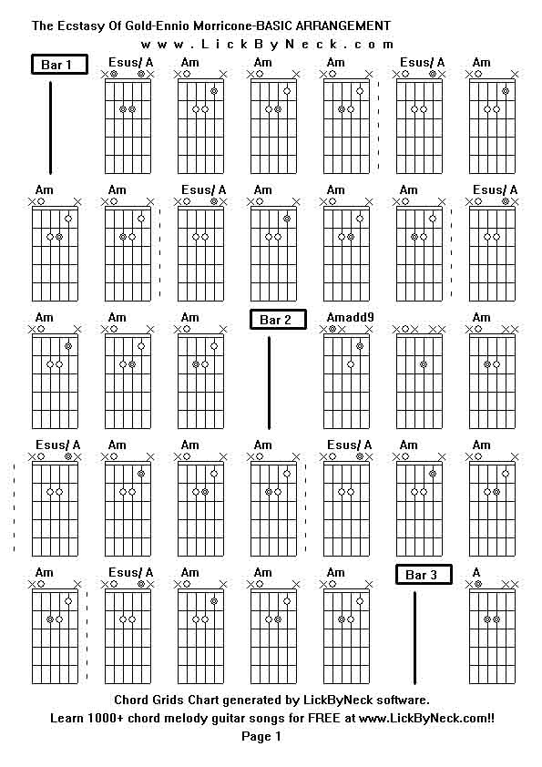 Chord Grids Chart of chord melody fingerstyle guitar song-The Ecstasy Of Gold-Ennio Morricone-BASIC ARRANGEMENT,generated by LickByNeck software.